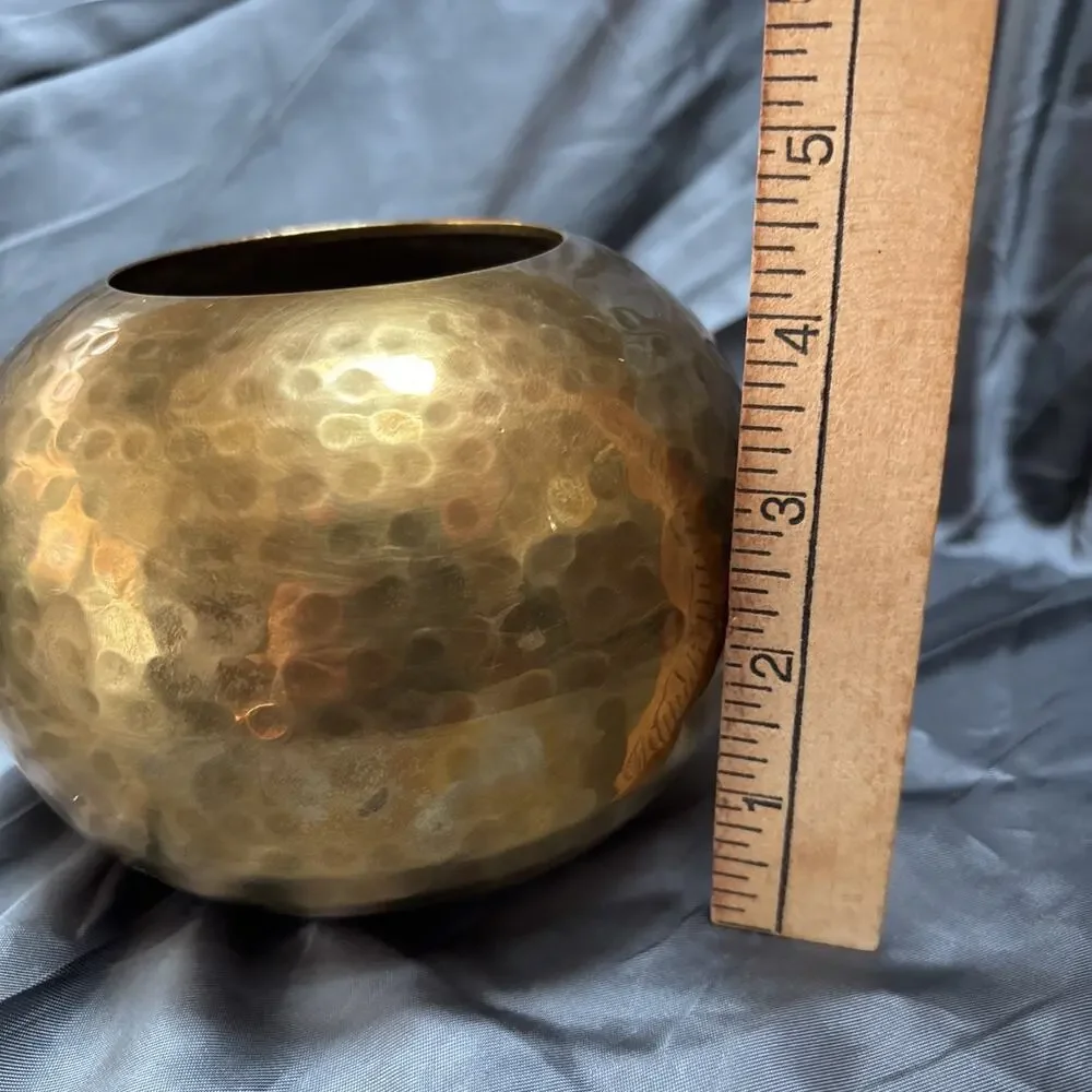 Vintage Hammered Brass Metal Ball Vase Planter Mid Century Modern India Made 5”
